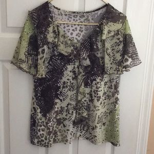 Simonton Says green brown white top blouse Medium